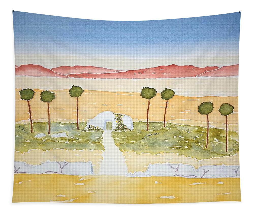Watercolor Tapestry featuring the painting Oasis of Lore by John Klobucher