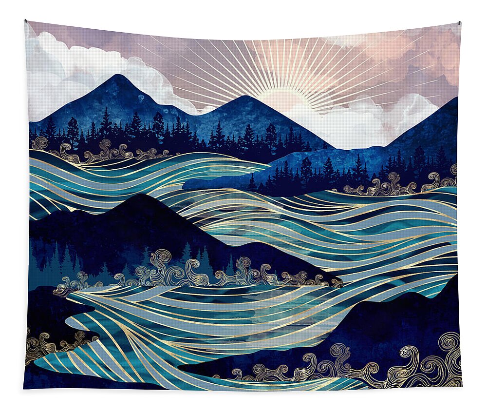 Ocean Tapestry featuring the digital art Ocean Sunrise by Spacefrog Designs