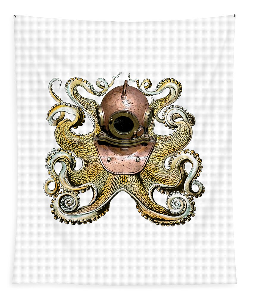 Octopus Tapestry featuring the digital art Octopus with Diving Helmet by Madame Memento