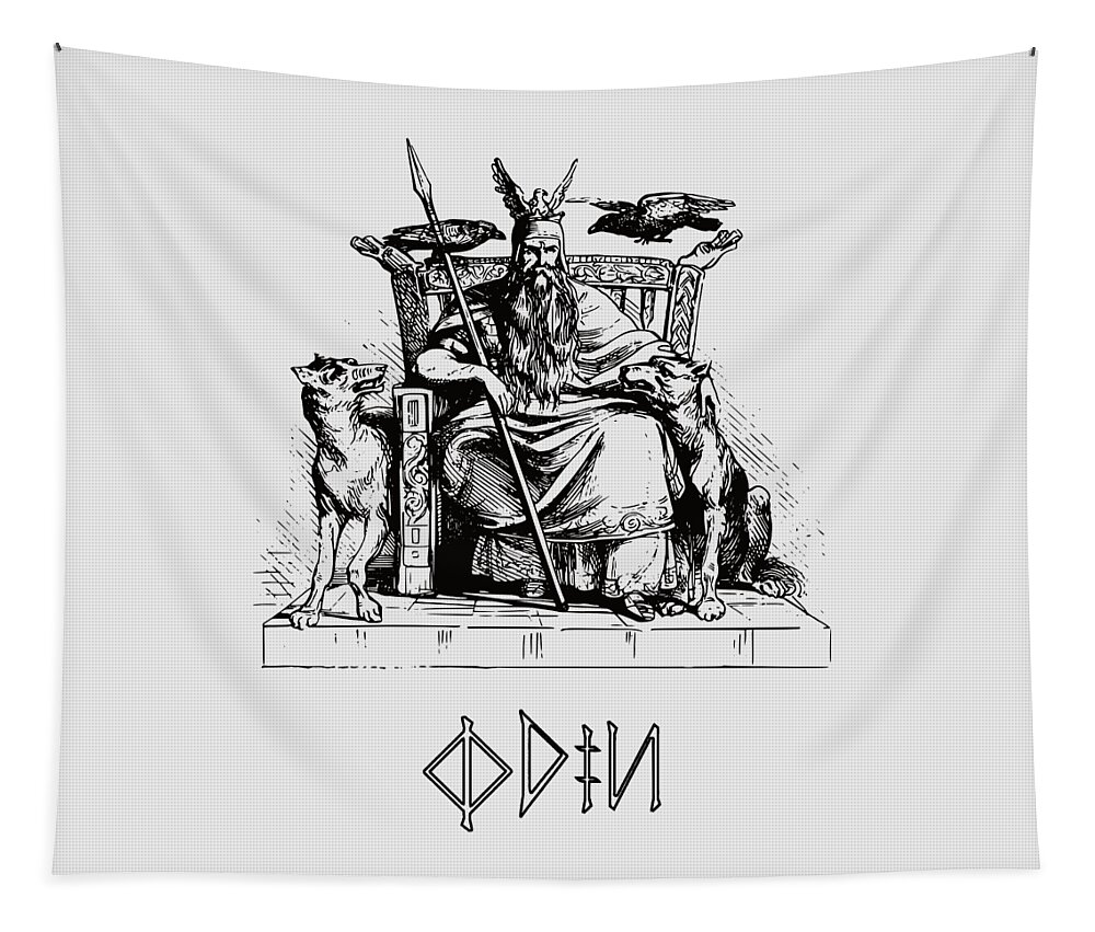 Hugin Tapestry featuring the digital art Odin on his throne engraving with Geri and Freki by Beltschazar