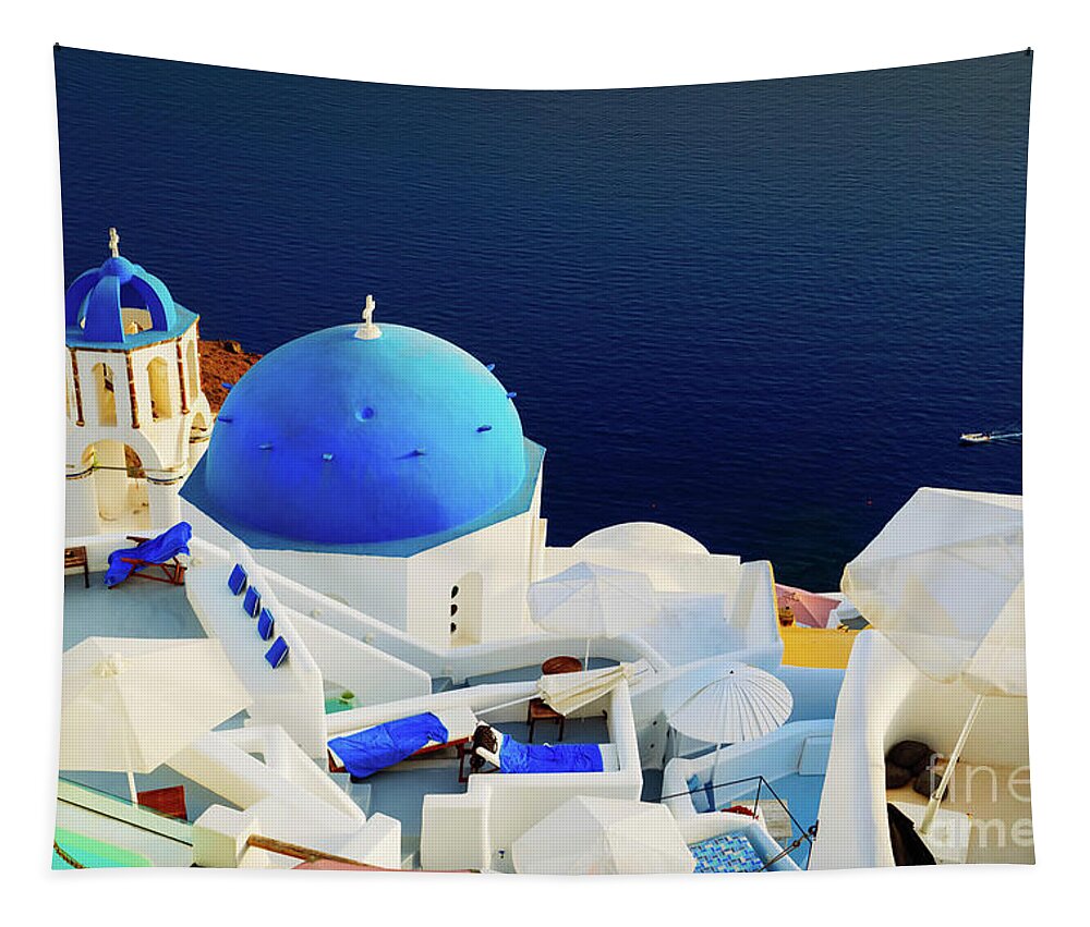 Santorini Tapestry featuring the photograph Oia, traditional greek village portrait by Anastasy Yarmolovich