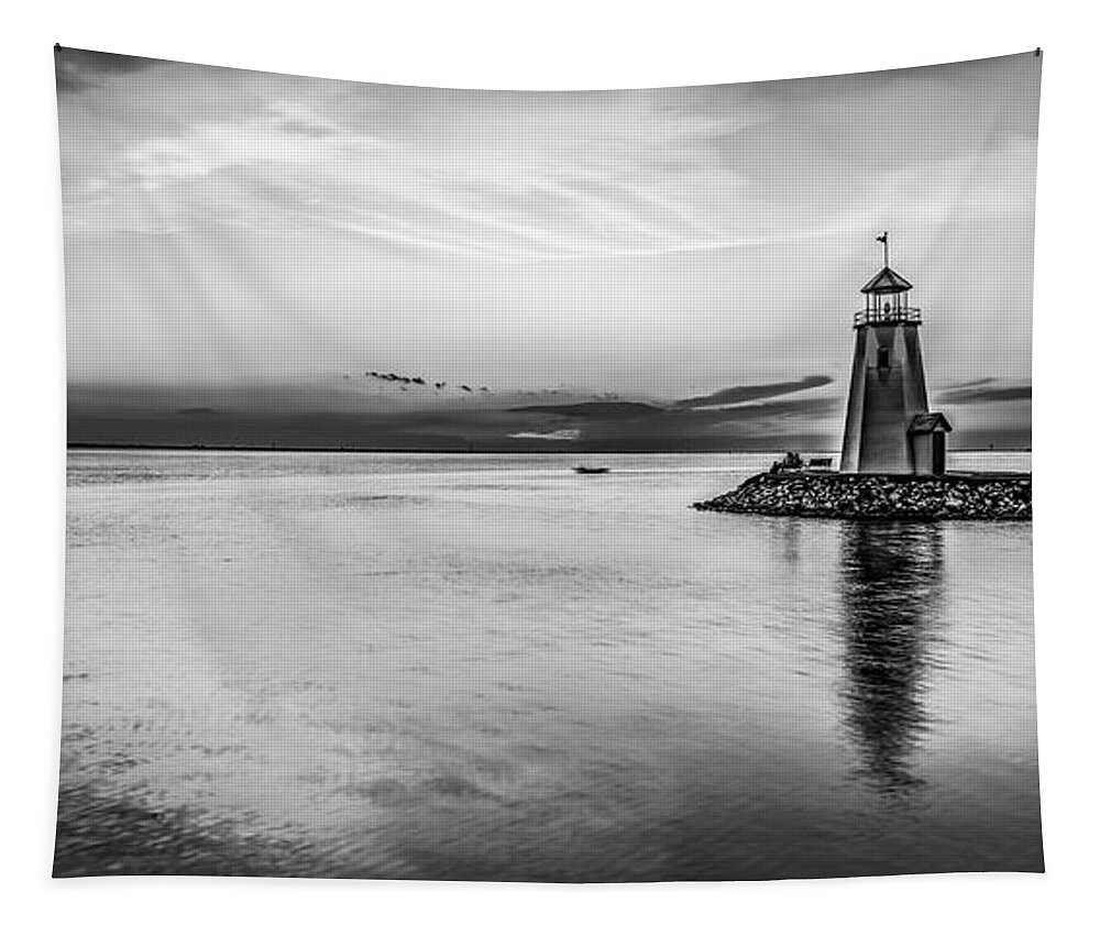 Oklahoma City Tapestry featuring the photograph Oklahoma City Lake Hefner Lighthouse Panorama - Black and White by Gregory Ballos