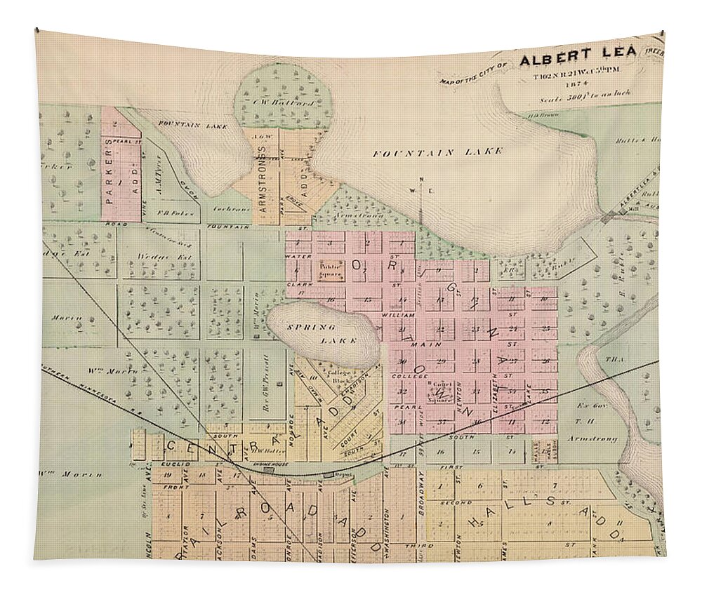 Albert Lea Tapestry featuring the drawing Old Albert Lea MN Map 1874 Vintage Minnesota City Atlas by Adam Shaw