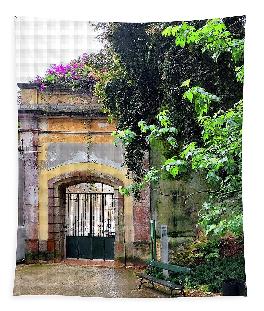Garden Tapestry featuring the digital art Old Arch With Pink Flowers Botanical Garden Old Lisbon Historical Downtown Portugal by Irina Sztukowski