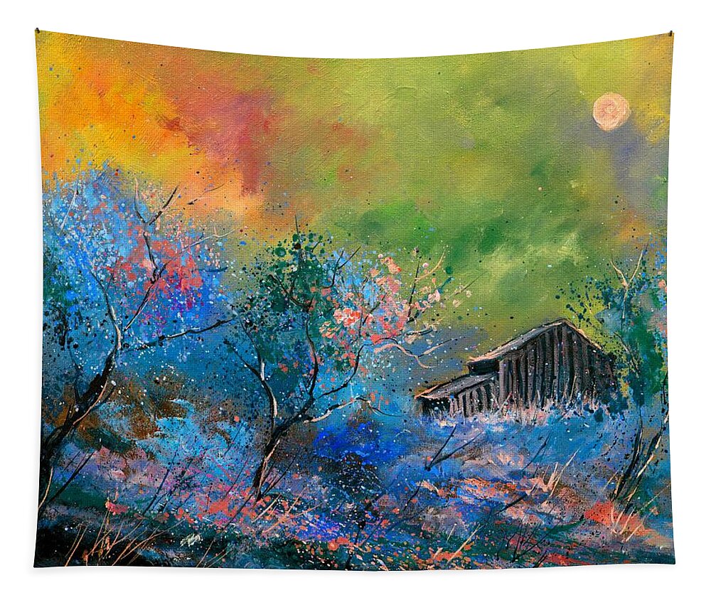 Landscape Tapestry featuring the painting Old barn at dawn by Pol Ledent