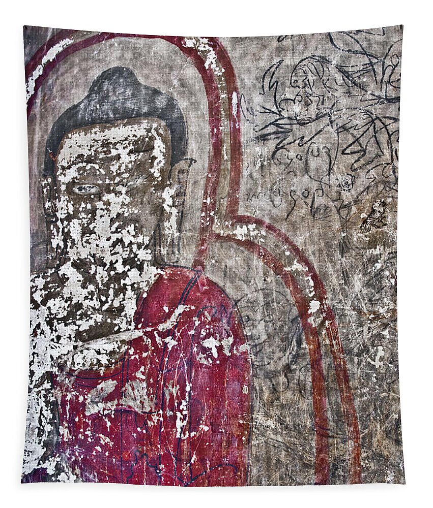 Birman Tapestry featuring the photograph Old Buddha's painting on a wall, Myanmar by Lie Yim