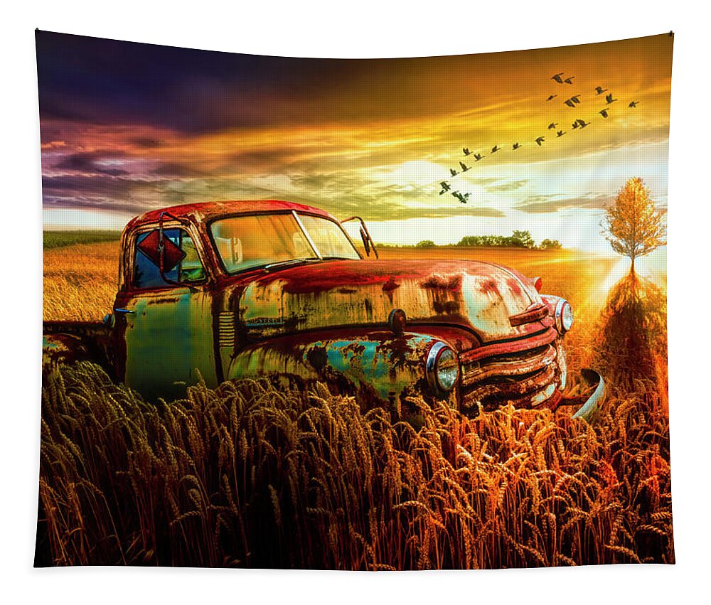 1947 Tapestry featuring the photograph Old Chevy Truck in the Sunset by Debra and Dave Vanderlaan