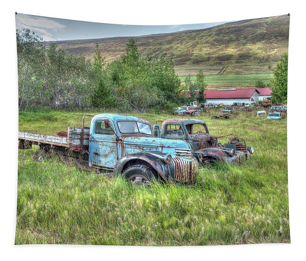 Ford Chevy Tapestry featuring the photograph Old Chevys at Ystafell Museum Iceland by Kristia Adams