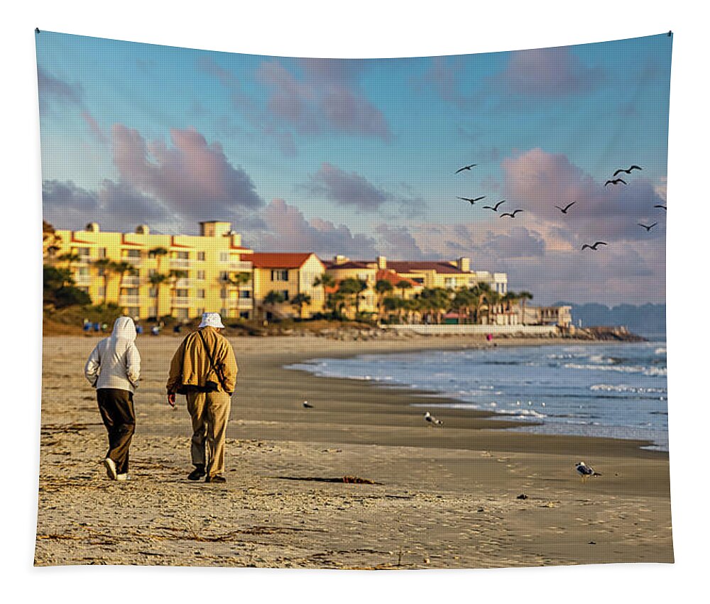 Beach Tapestry featuring the photograph Old Couple Walking up Empty Beach by Darryl Brooks