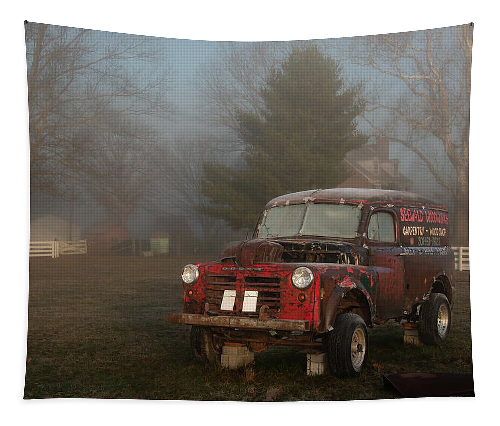Old Tapestry featuring the photograph Old Dodge in a Fog by Kristia Adams