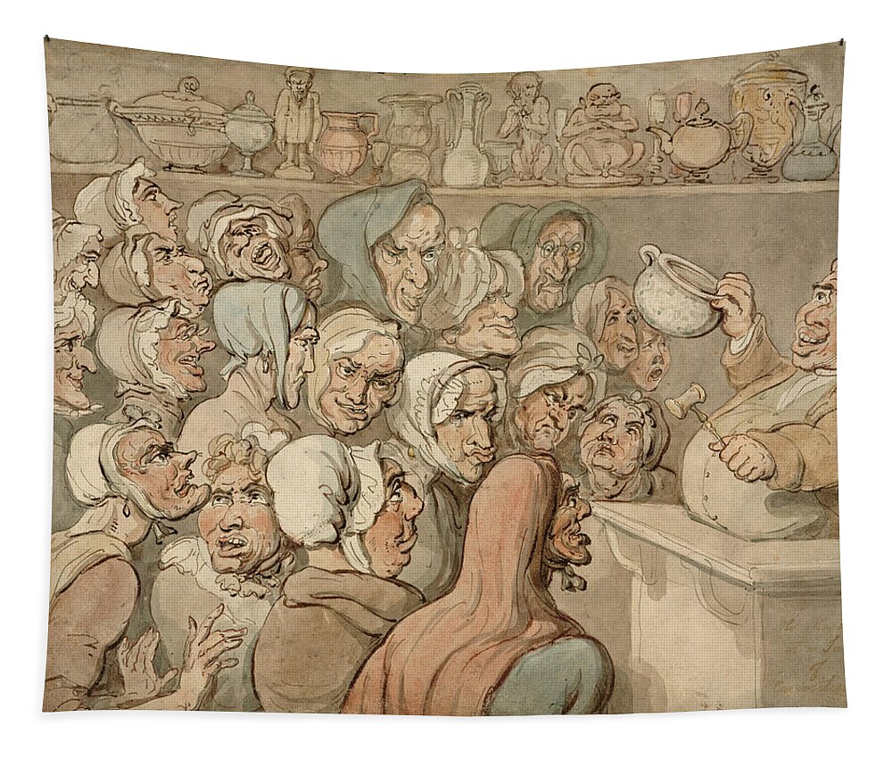 Thomas Rowlandson Tapestry featuring the drawing Old Maids at a Sale of Curiosities by Thomas Rowlandson