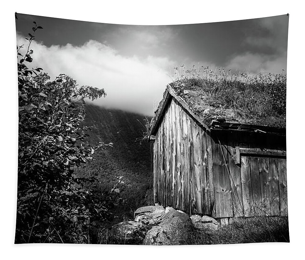 Black Tapestry featuring the photograph Old Mountain Cabin - Black and White by Nicklas Gustafsson