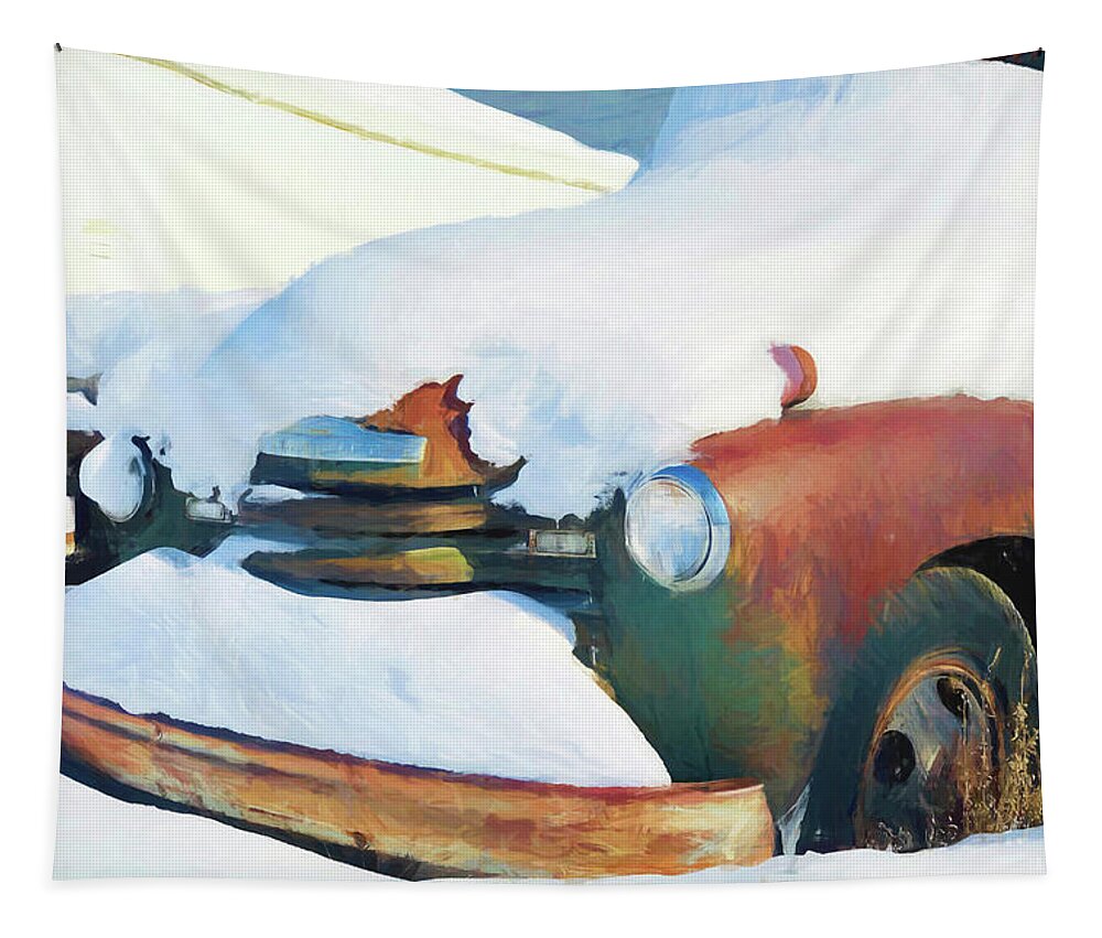 Truck Tapestry featuring the photograph Old rusty Chevrolet truck covered by snow in Montana #2 by Tatiana Travelways