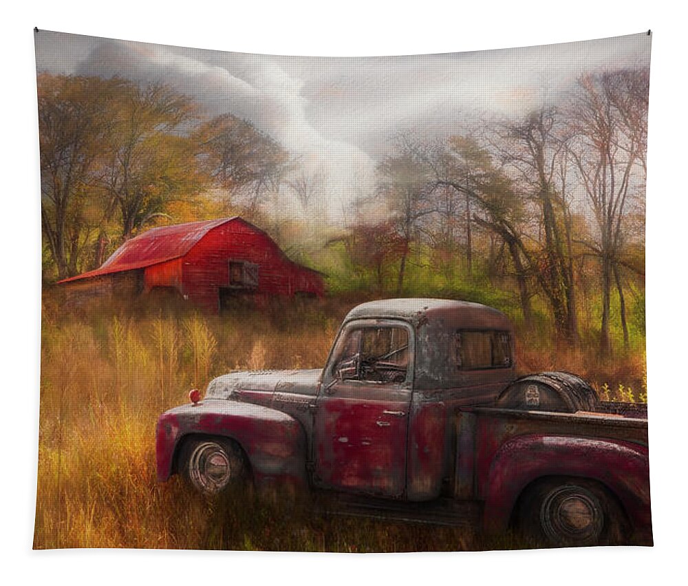 Barns Tapestry featuring the photograph Old Rusty Truck along the Autumn Backroads Painting by Debra and Dave Vanderlaan