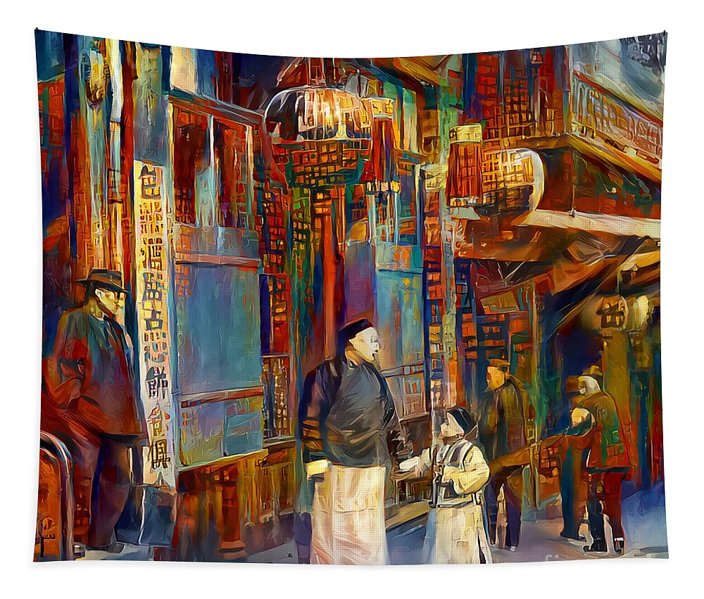 Wingsdomain Tapestry featuring the photograph Old San Francisco Chinatown Father and Son Painterly Art 20210722 squareArt 2021072 by Wingsdomain Art and Photography