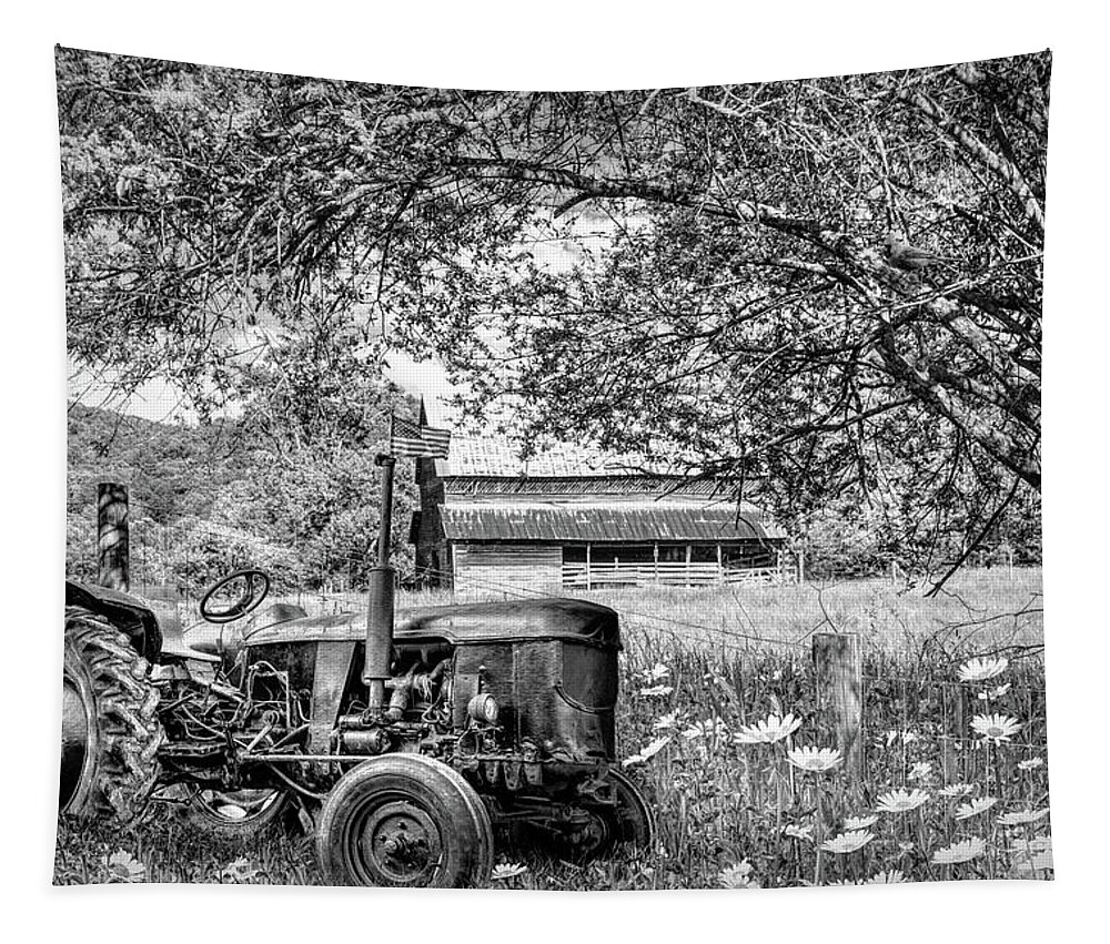 Black Tapestry featuring the photograph Old Tractor in the Wildflowers Black and White by Debra and Dave Vanderlaan