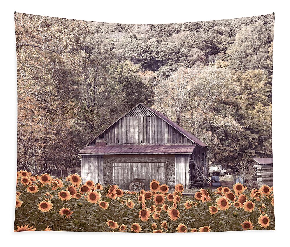 Sunflower Tapestry featuring the photograph Old Wood Barn in Soft Sunflowers by Debra and Dave Vanderlaan