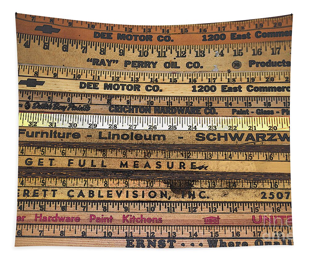 Yardsticks Tapestry featuring the mixed media Old Wooden Yardsticks by Kae Cheatham