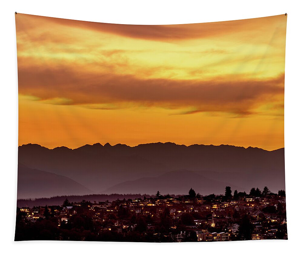 Outdoors; Twilight; Olympic; Mountains; Betty Bowen Viewpoint; Seattle; Bainbridge Island; Colors; Summer; Tapestry featuring the digital art Twilight from Betty Bowen Viewpoint by Michael Lee