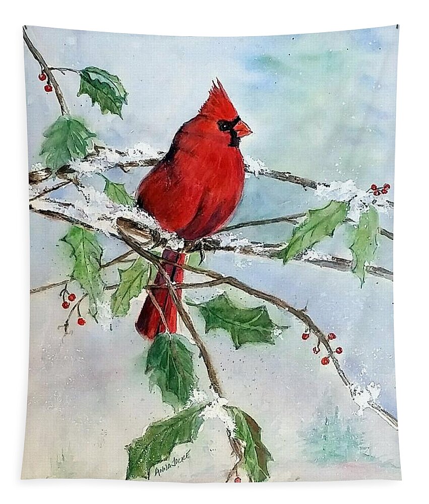 Northern Cardinal Tapestry featuring the painting On a Snowy Perch by Anna Jacke