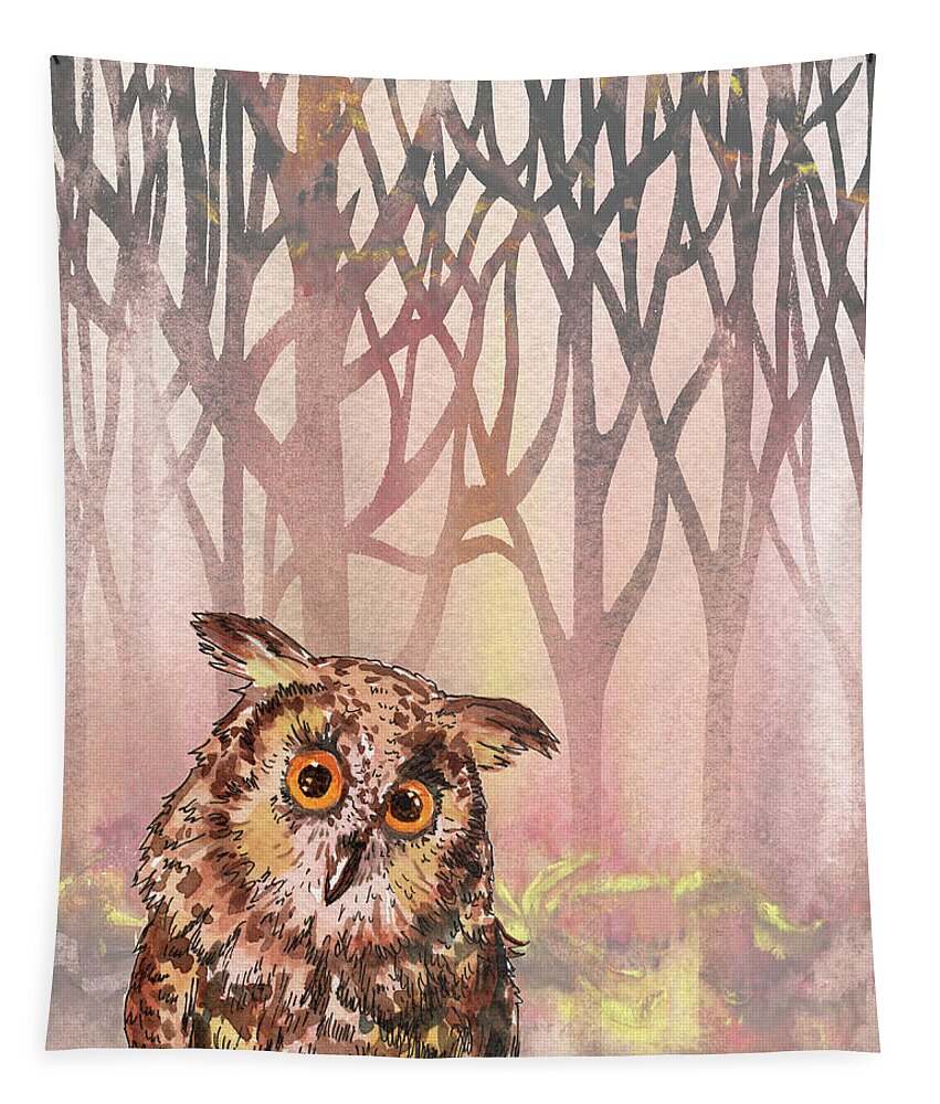 Cute Owl Tapestry featuring the painting On Forest Watch Cute Baby Owl Watercolor by Irina Sztukowski
