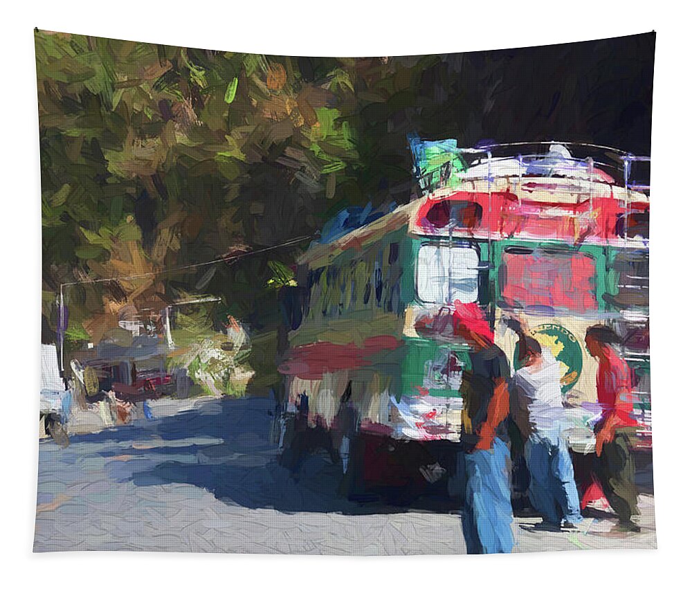 Bus Tapestry featuring the mixed media On the roads of Guatemala - Painting by Tatiana Travelways