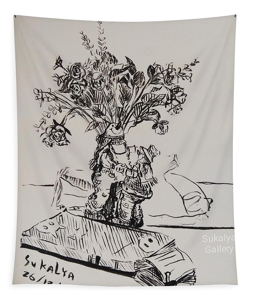 Snowman Vase Tapestry featuring the drawing On the Table by Sukalya Chearanantana