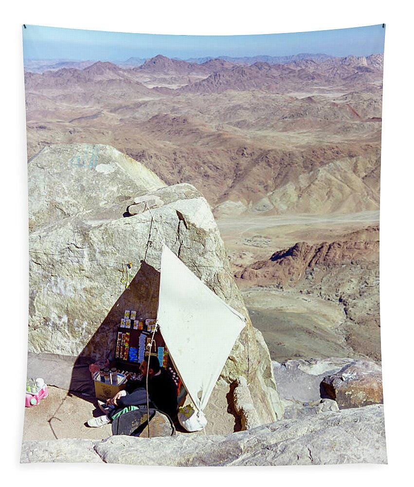Jabal Musa Tapestry featuring the photograph only lonely vendor top of Mount Sinai by Paul Vitko