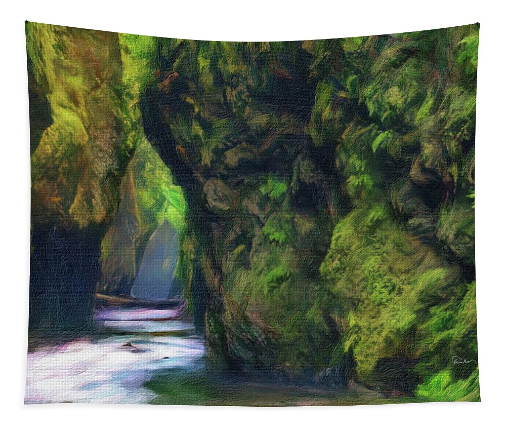 Oneonta Tapestry featuring the digital art Oneonta Gorge in Oregon by Russ Harris