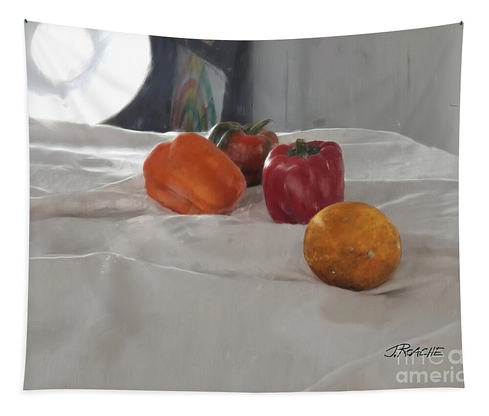 Bell Peppers Tapestry featuring the digital art Orange and Bell Peppers. by Joe Roache