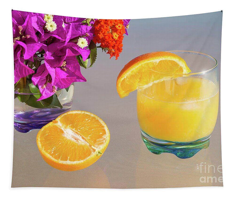 Orange Tapestry featuring the photograph Orange and tangerine fruit juice in the sunshine by Adriana Mueller