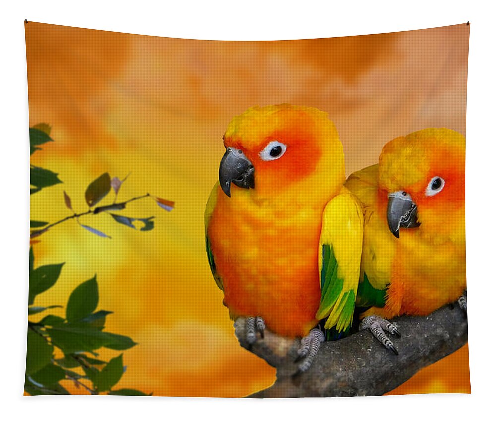 Parrots Orange-bellied Tapestry featuring the mixed media Orange-Bellied Parrots by Ally White