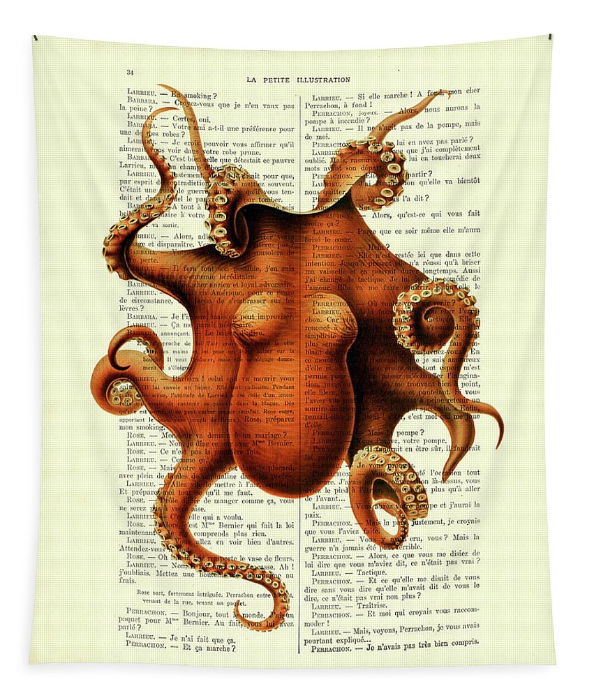 Octopus Tapestry featuring the mixed media Orange Octopus by Madame Memento