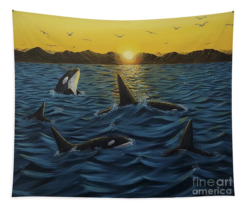 Orcas Tapestry featuring the painting Orcas Sunset by Jimmy Chuck Smith