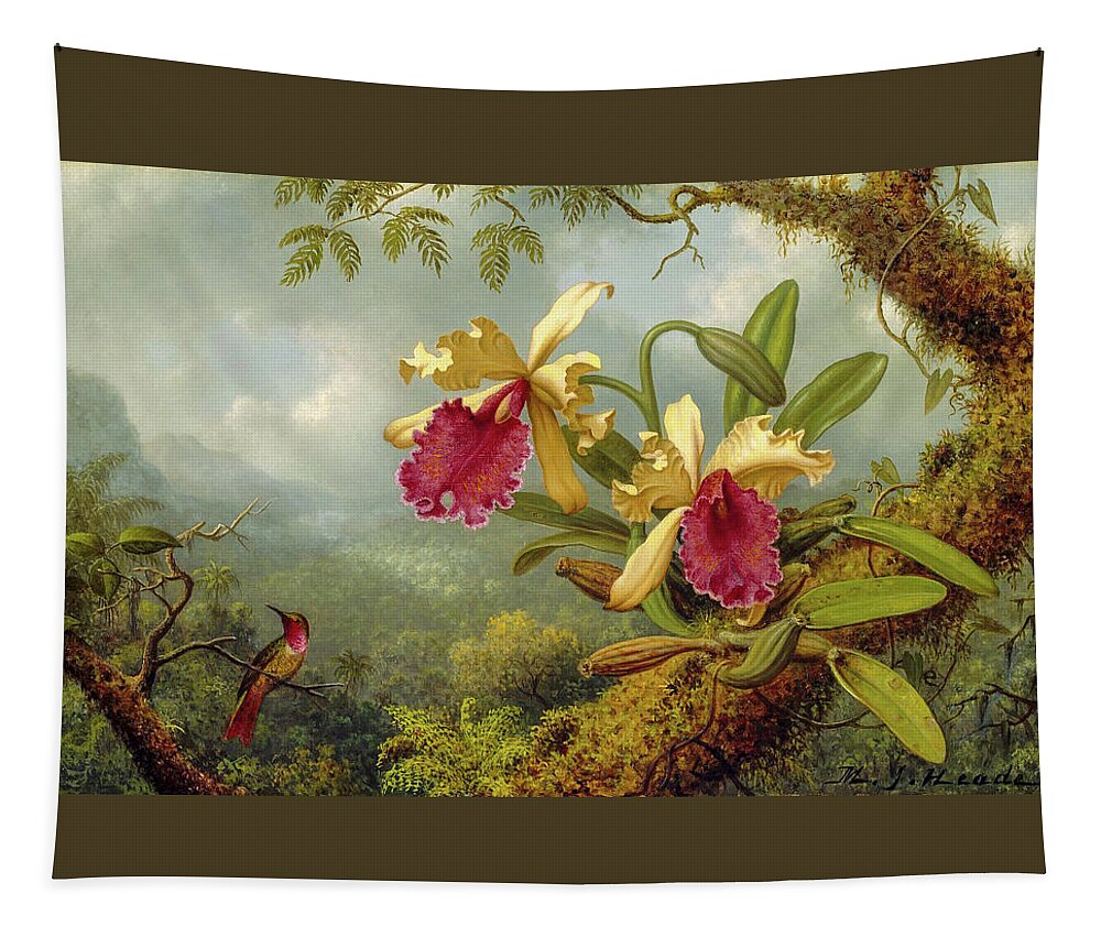 Martin Johnson Headetrochilidae Tapestry featuring the painting Orchids and Hummingbird 4 by Martin Johnson Heade
