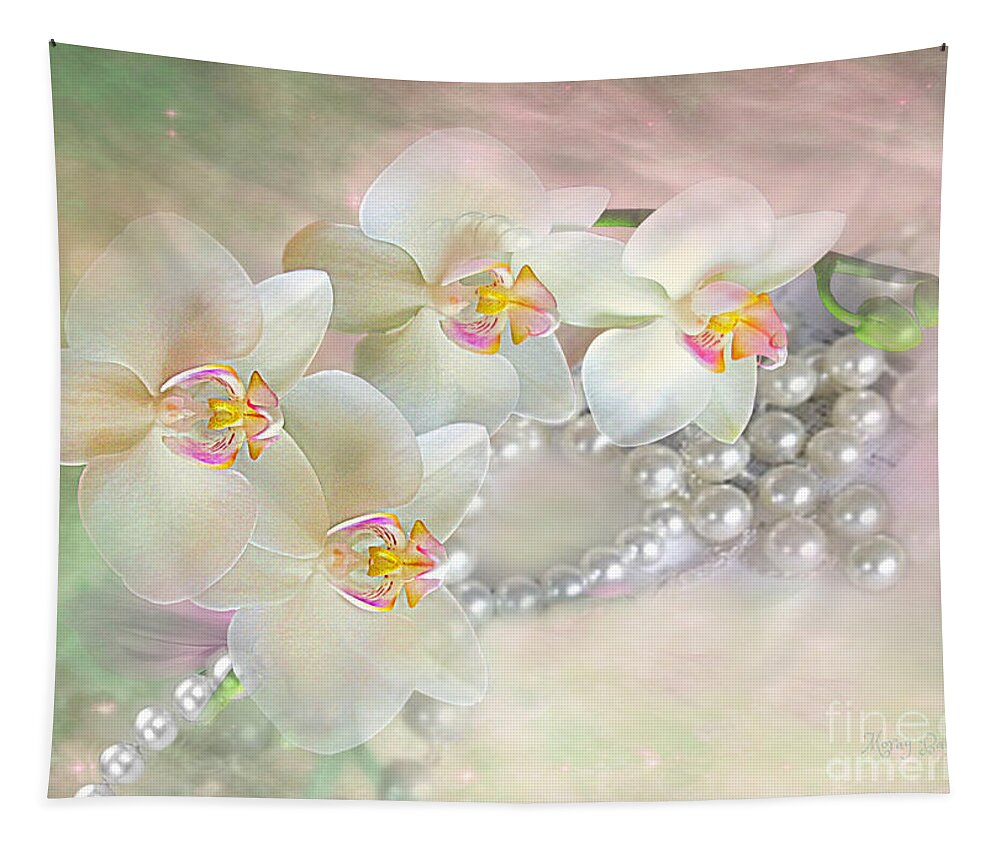 Pearls Tapestry featuring the mixed media Orchids and Pearls by Morag Bates