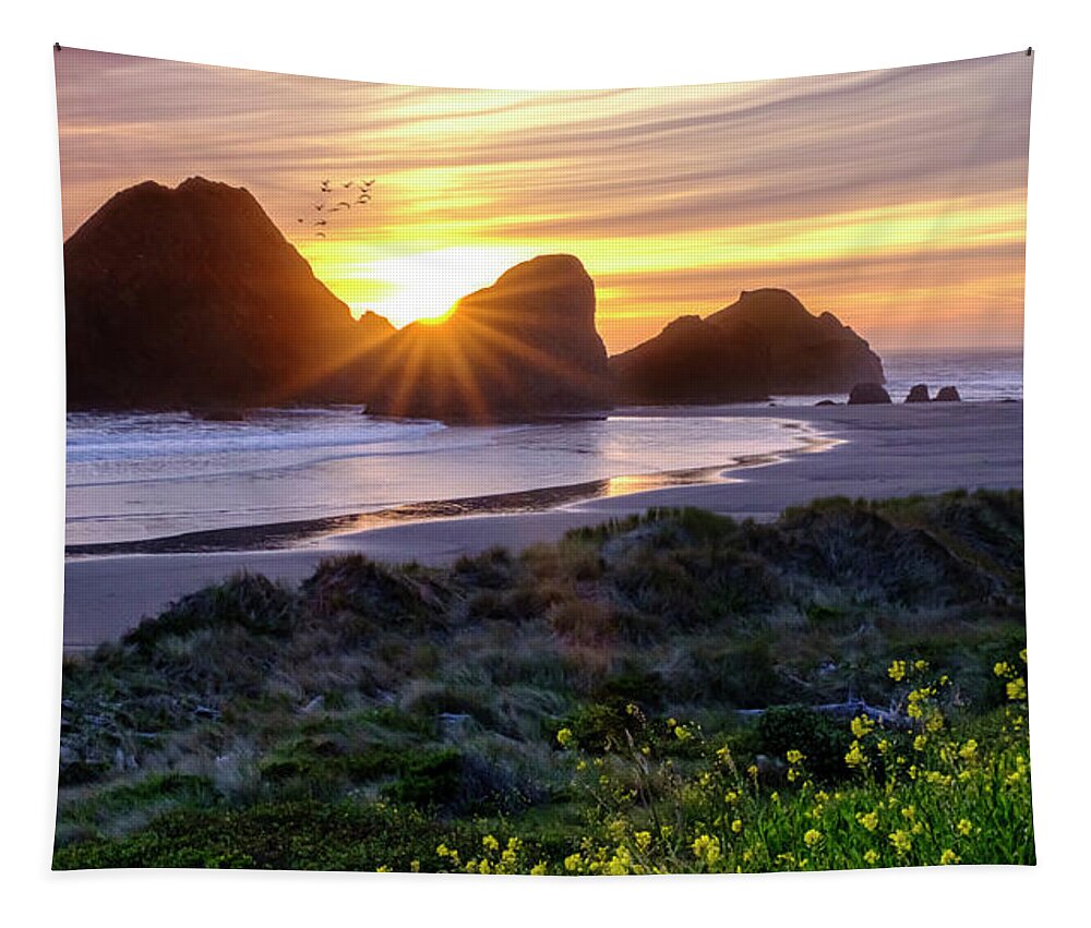Sunset Tapestry featuring the photograph Oregon Coastline Sunset Behind A Large Rock Formations by Tony Locke