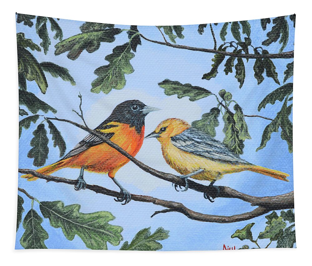 Birds Tapestry featuring the painting Oriole Birds on White Oak Tree by Aicy Karbstein
