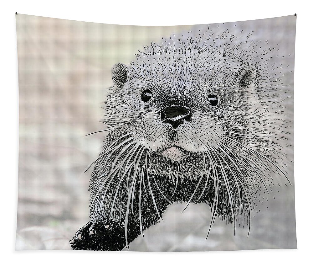 Otter Tapestry featuring the mixed media Otter approaching, mixed media. by Tony Mills