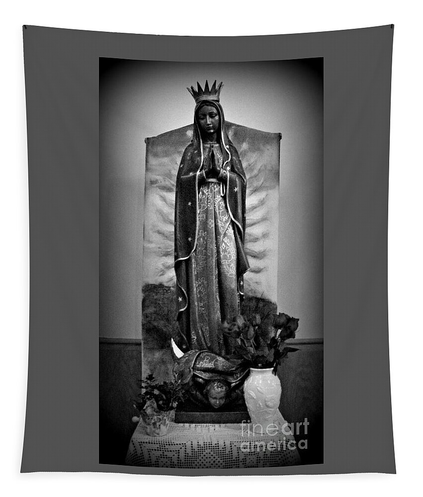 Black And White Tapestry featuring the photograph Our Lady of Guadalupe - Black And White by Frank J Casella