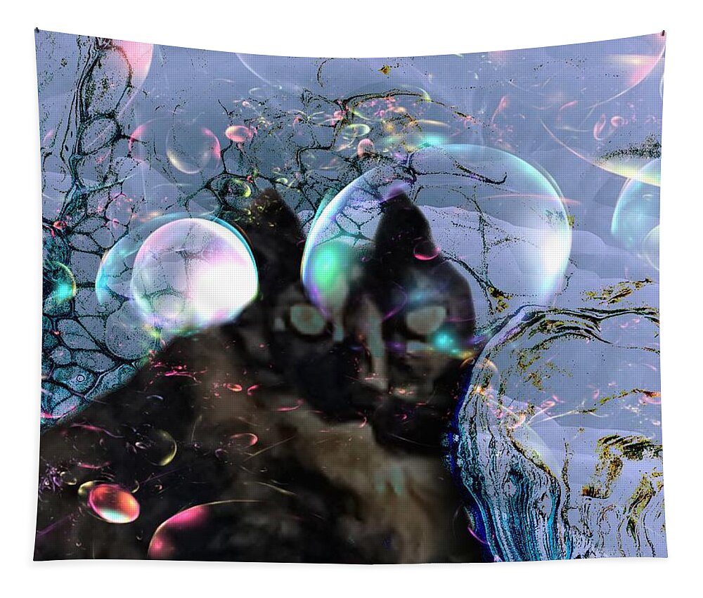 Black Gold Cat Bubbles Pink Tapestry featuring the digital art Out of Site Cat by Kathleen Boyles