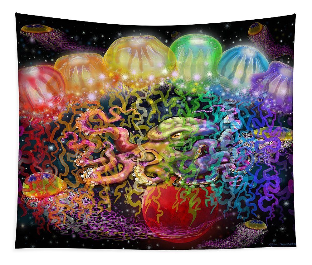 Space Tapestry featuring the digital art Outer Space Rainbow Alien Tentacles by Kevin Middleton
