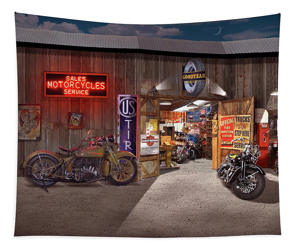 Motorcycle Shop Tapestry featuring the photograph Outside the Motorcycle Shop by Mike McGlothlen