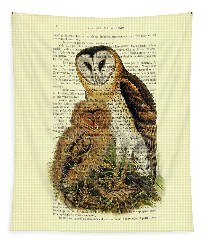 Owl Tapestry featuring the mixed media Owl family portrait by Madame Memento
