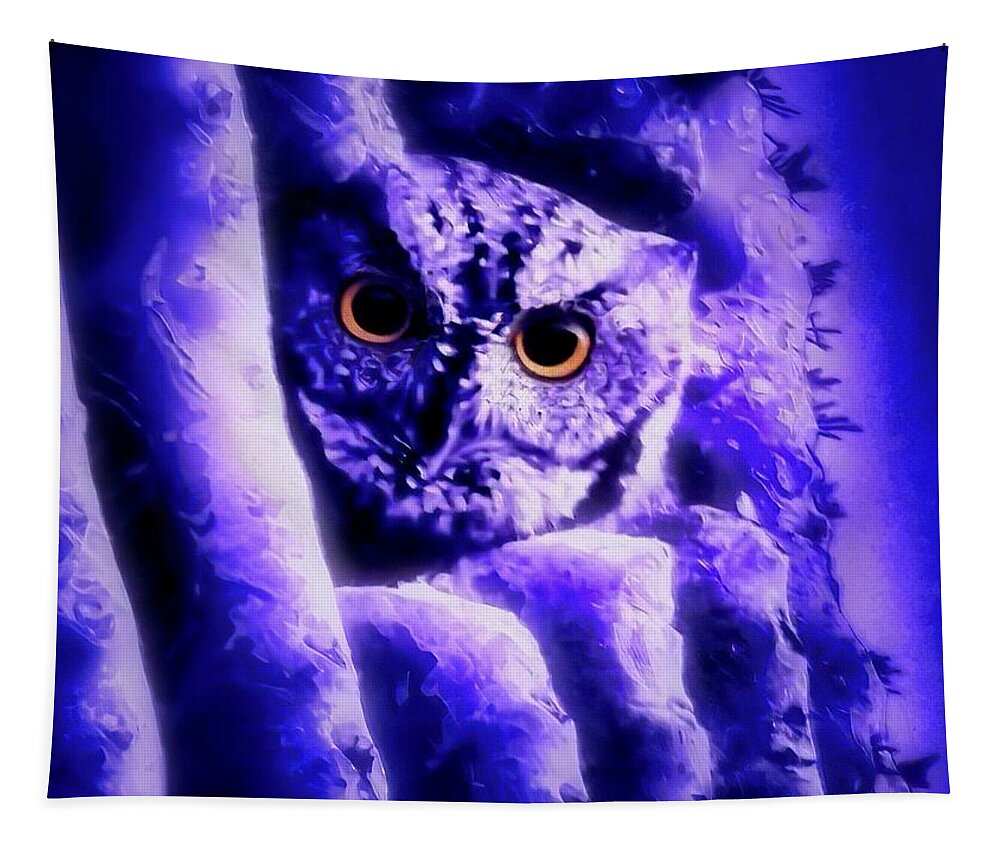 Glowing Eyes Tapestry featuring the photograph Owl in the Garden of the Ultraviolet by Judy Kennedy