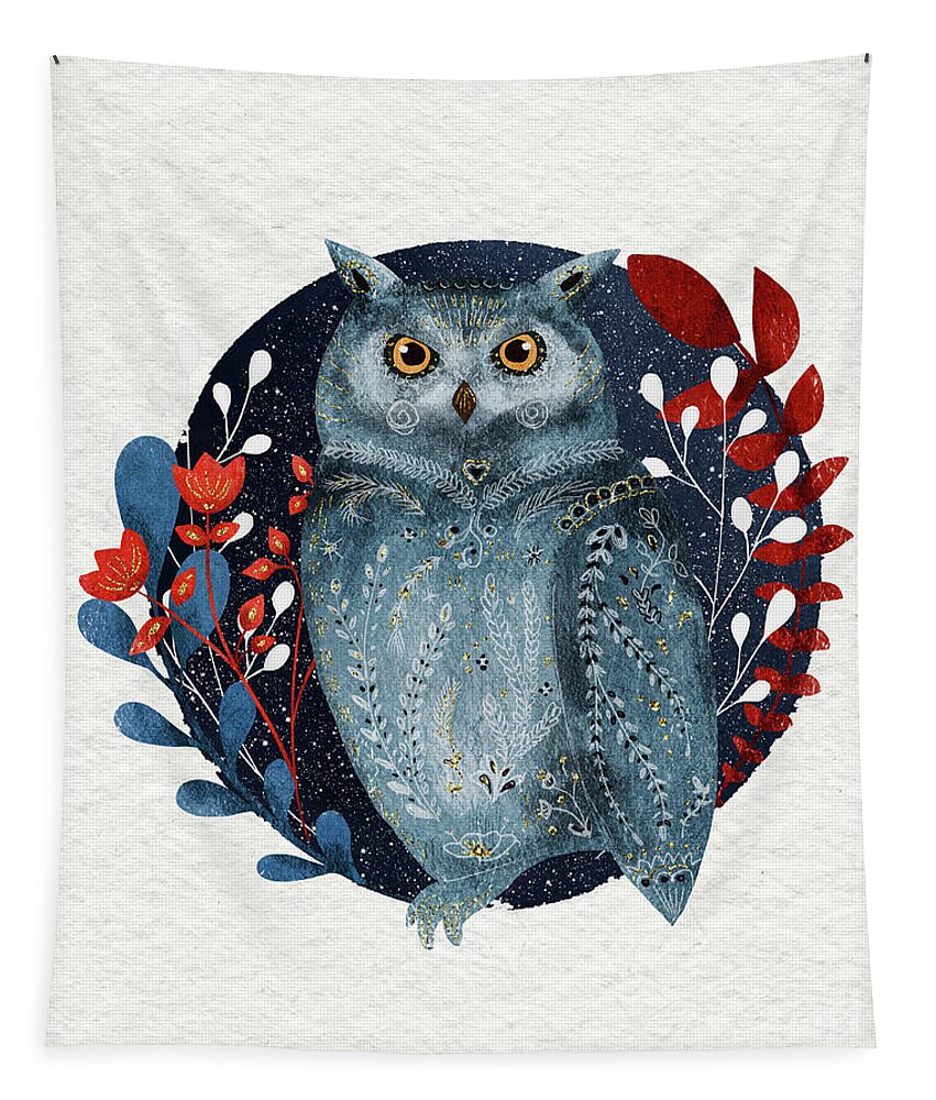 Owl Tapestry featuring the painting Owl With Flowers by Modern Art