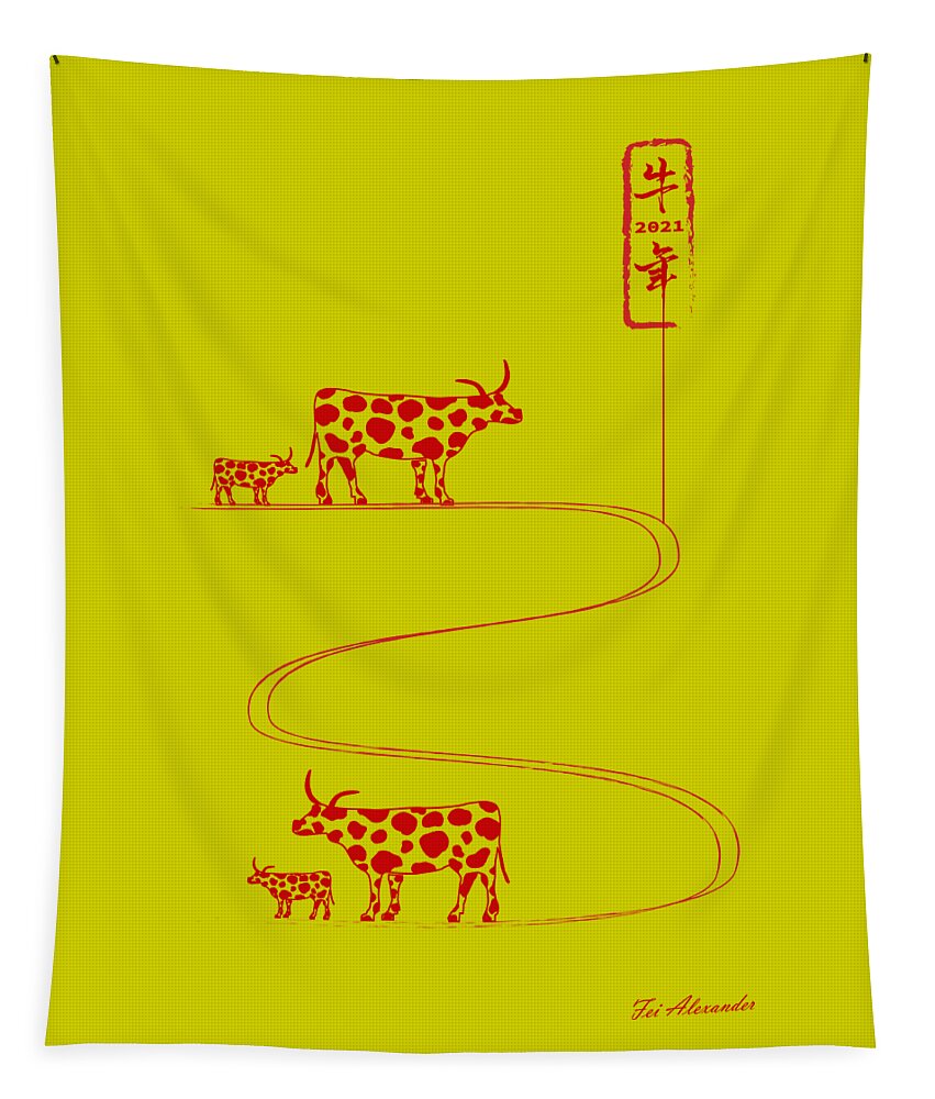 Year Of Ox Tapestry featuring the digital art Ox Year No.12 by Fei A