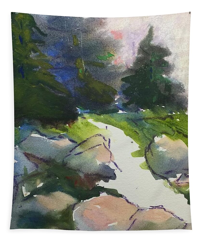 Landscape Of Rocks And Pine Trees Tapestry featuring the painting Pacific Northwest by Caroline Patrick