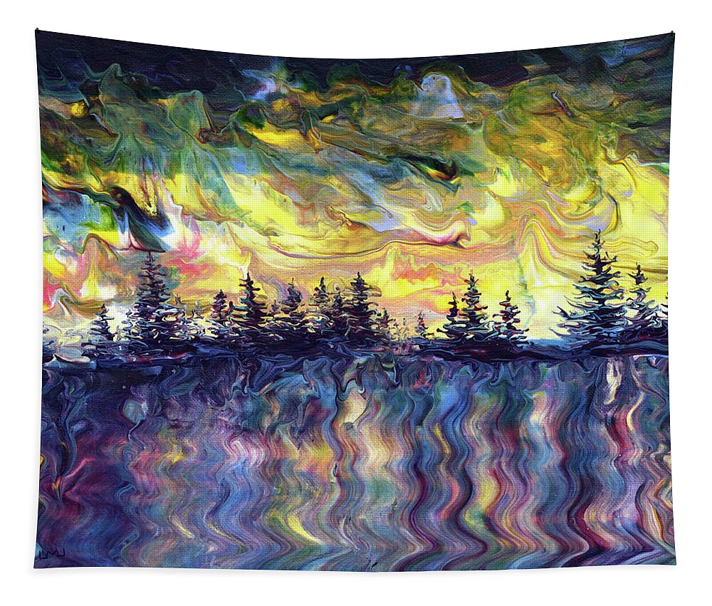 Sunset Tapestry featuring the painting Pacific Northwest Sunset in Purple and Yellow by Laura Iverson