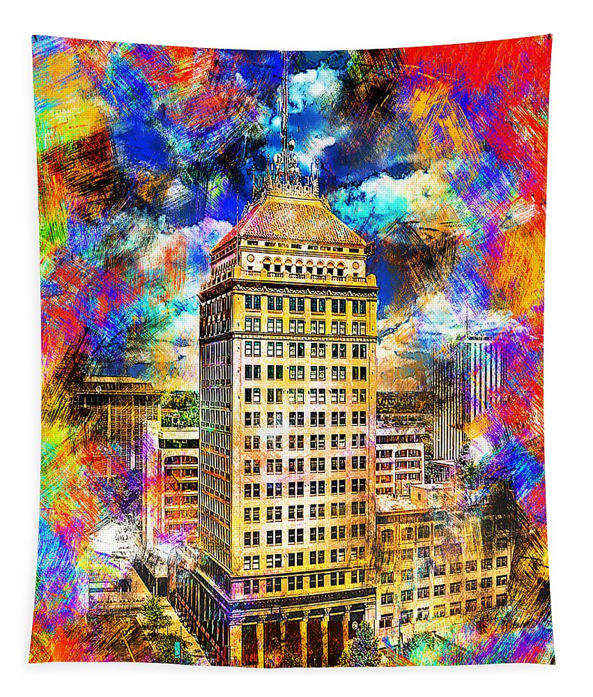 Pacific Southwest Building Tapestry featuring the digital art Pacific Southwest Building in Fresno - colorful painting by Nicko Prints